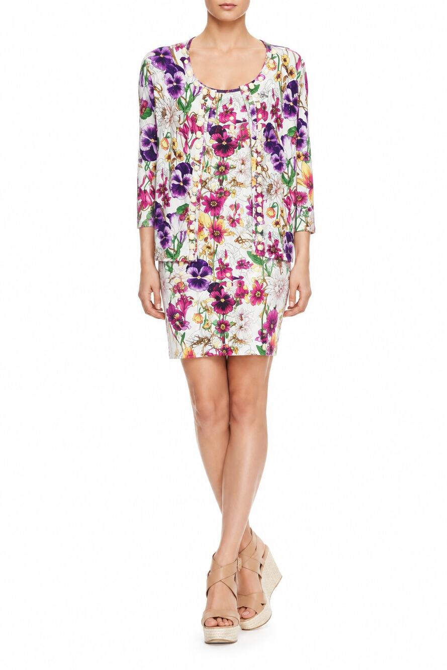 Grayse Panel Tank Dress Set Womens M Beaded Cardigan Colorful Floral Print 2-PC